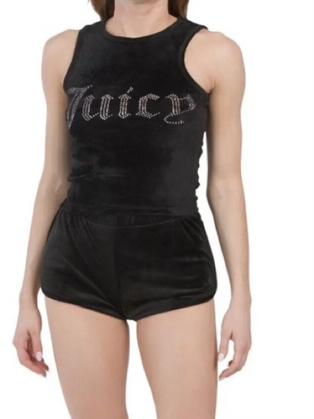Juicy Couture Black Velvet Tank and Shorts Set with Rhinestones Size Large Y2K